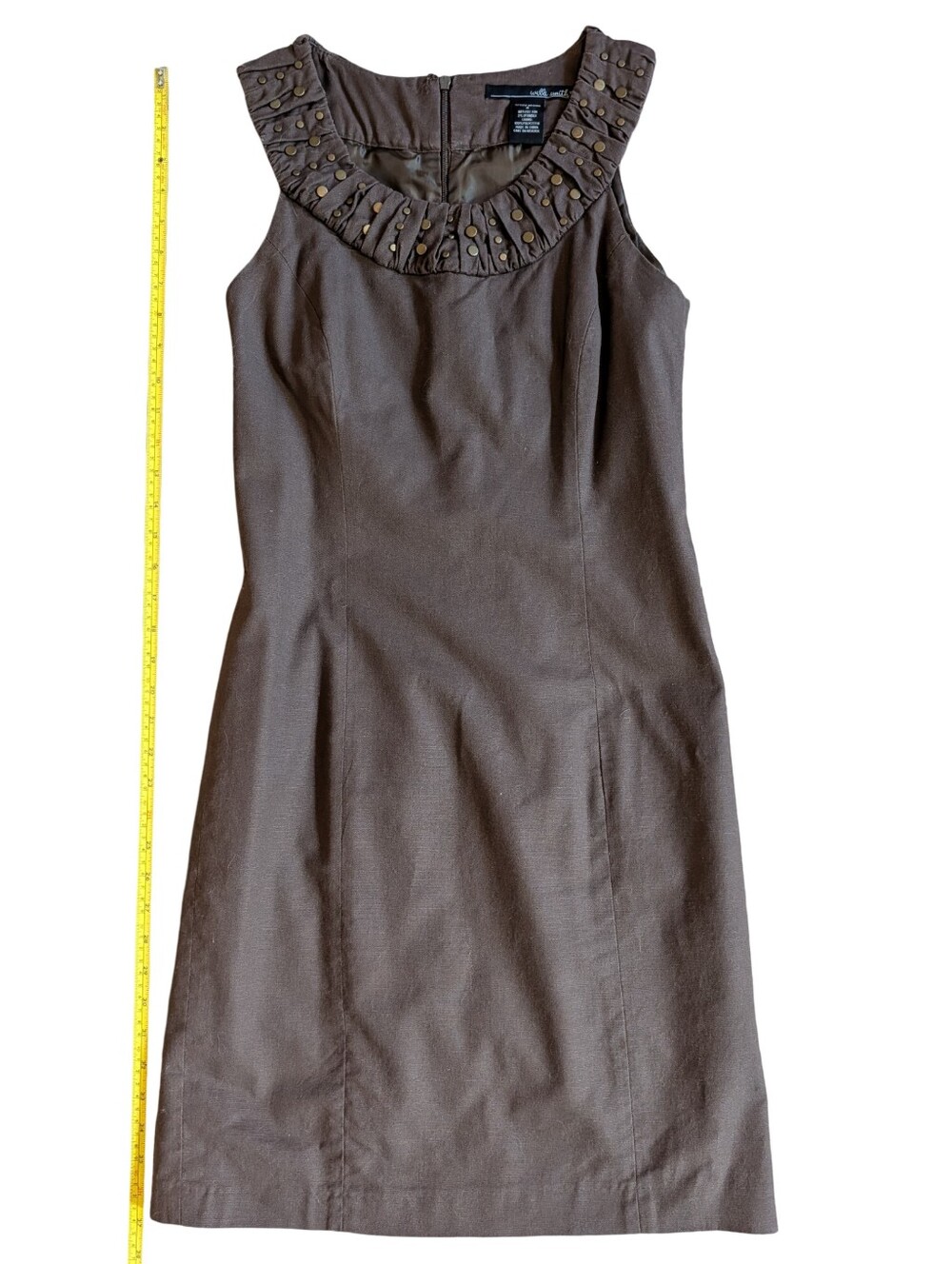 Willi Smith Dress Brown Cotton Sleeveless Sheath Studded Neckline 4